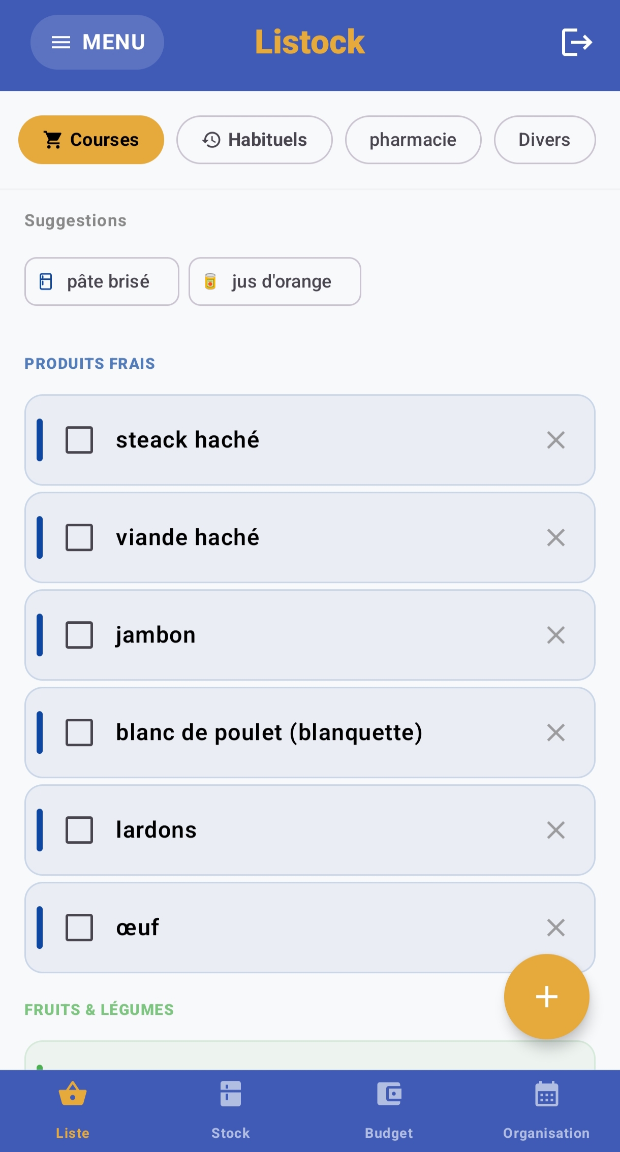 Capture d'écran Écran Liste de Courses Listock