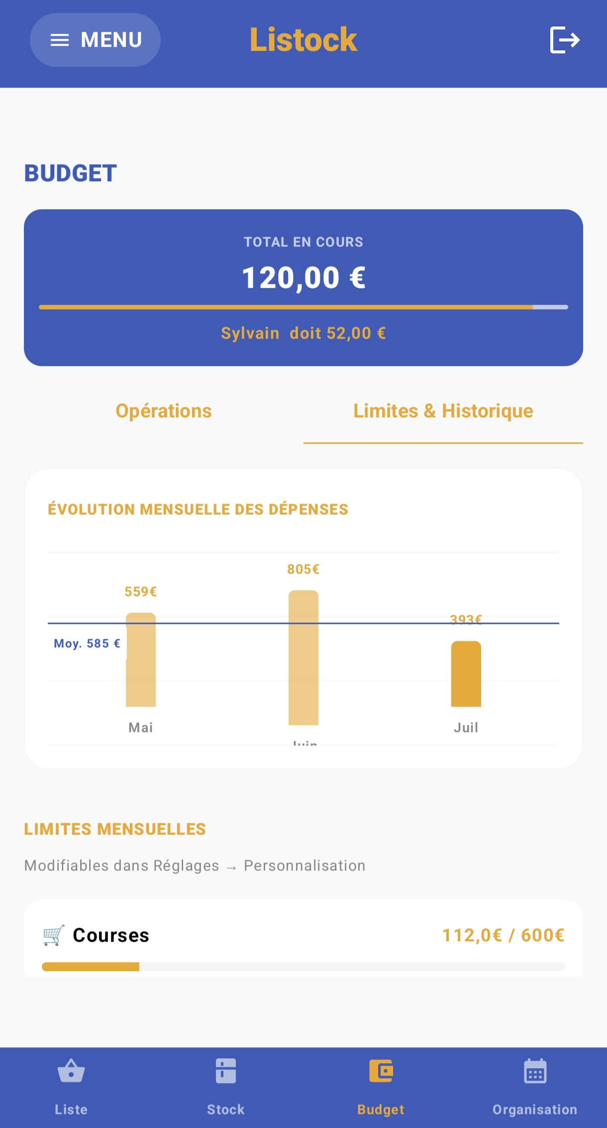Capture d'écran Écran Budget et Graphiques Listock