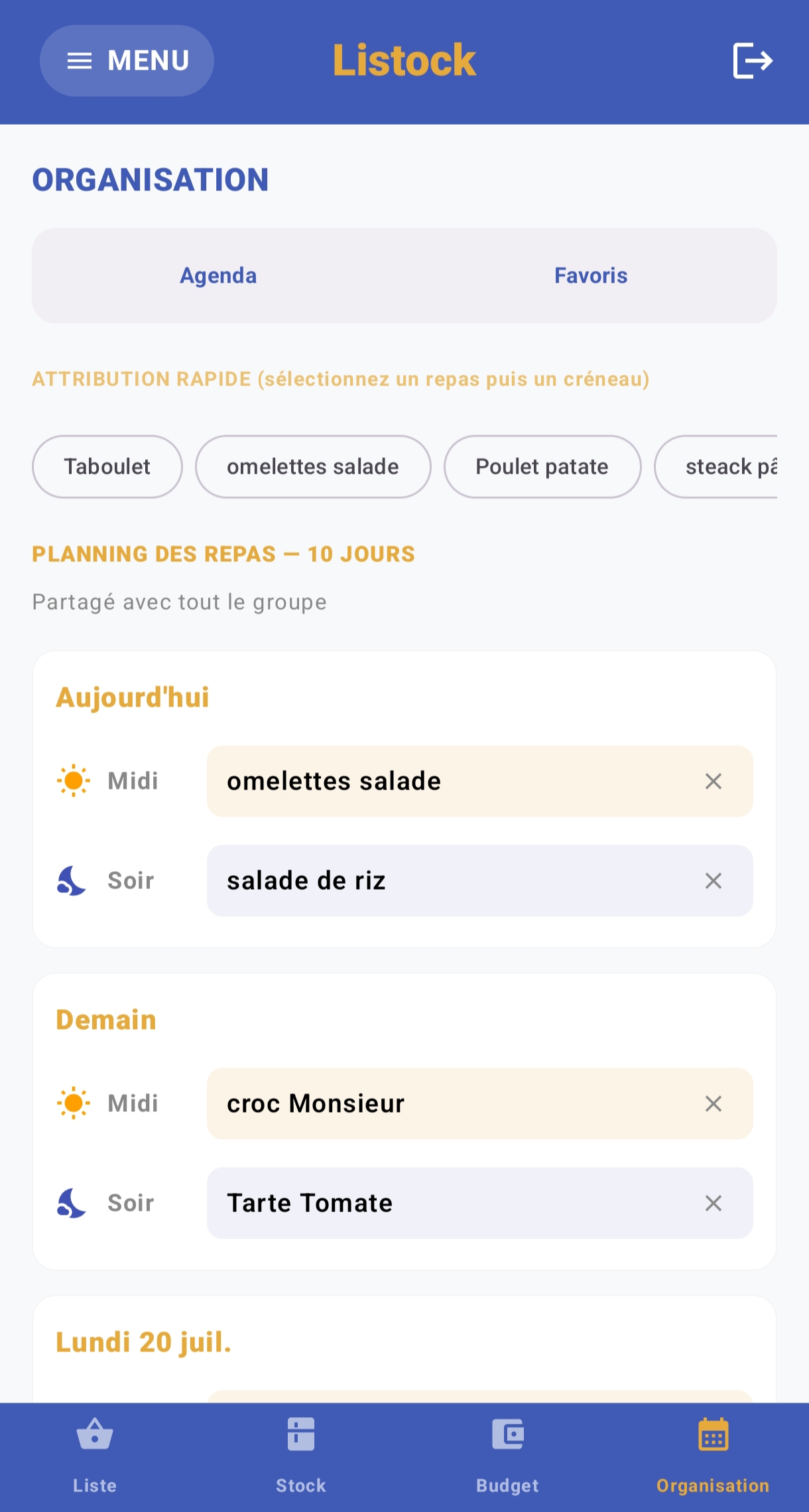 Capture d'écran Écran Organisation et Planning 10 jours Listock
