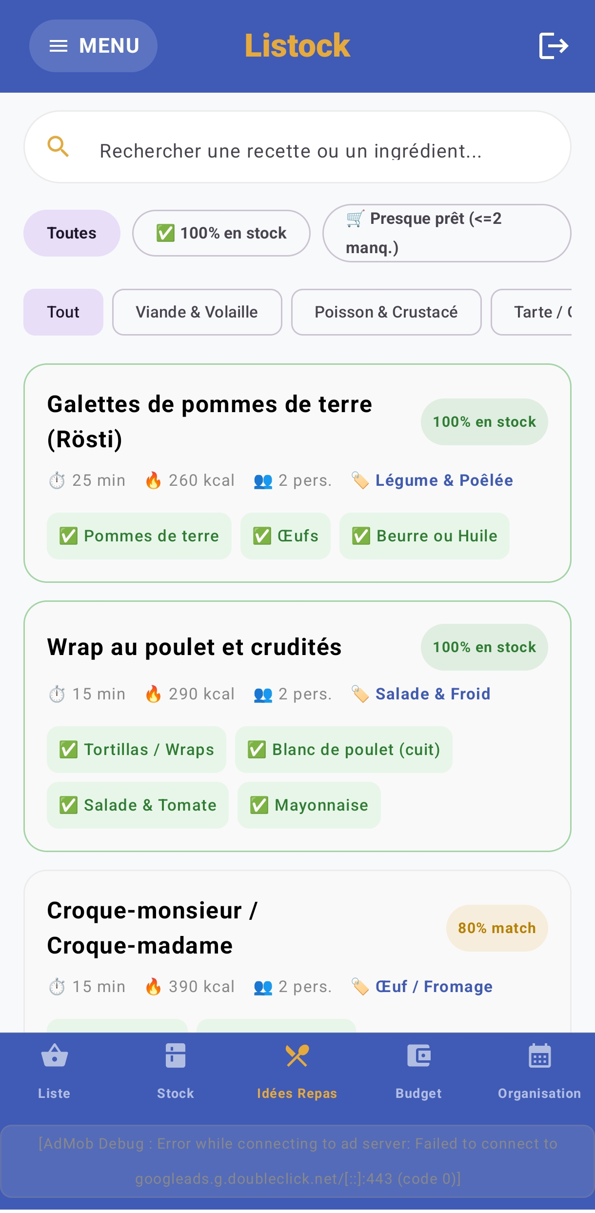 Capture d'écran Idées Repas selon le Stock Listock
